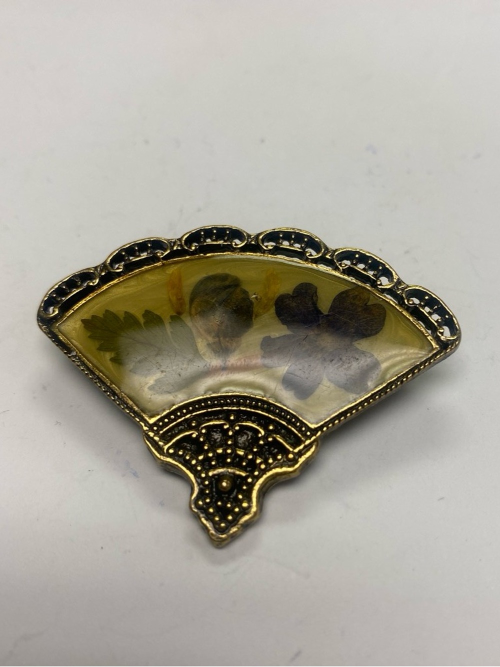 Gold-Tone Fan Brooch with Yellow Floral Inlay